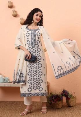 Off White Motif Cotton Kurta Dupatta Set