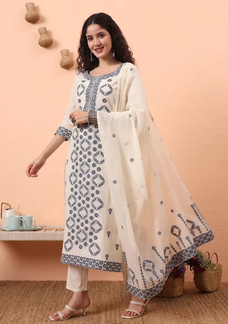 Off White Motif Cotton Kurta Dupatta Set - Indya