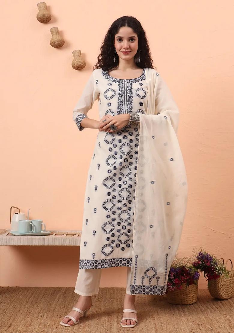 Off White Motif Cotton Kurta Dupatta Set - Indya