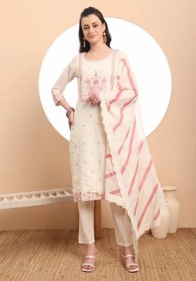 Off White Motif Cotton Kurta Dupatta Set
