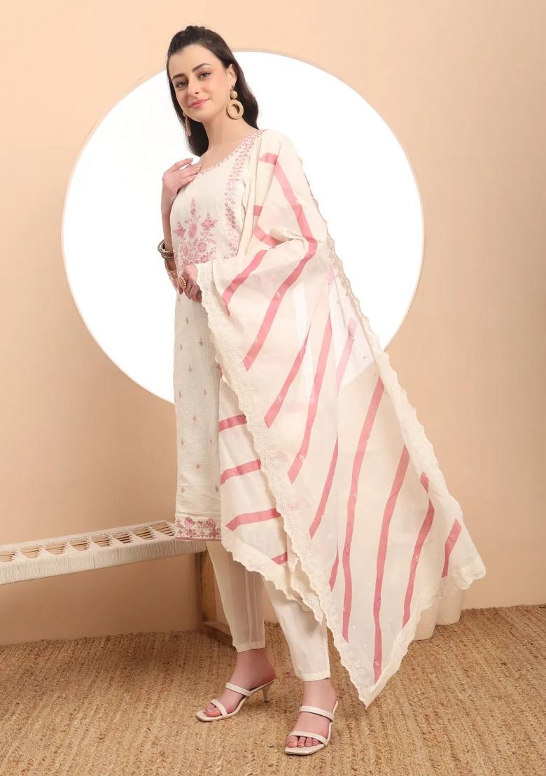 Off White Motif Cotton Kurta Dupatta Set - Indya