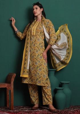 Mustard Motif Cotton Kurta Dupatta Set