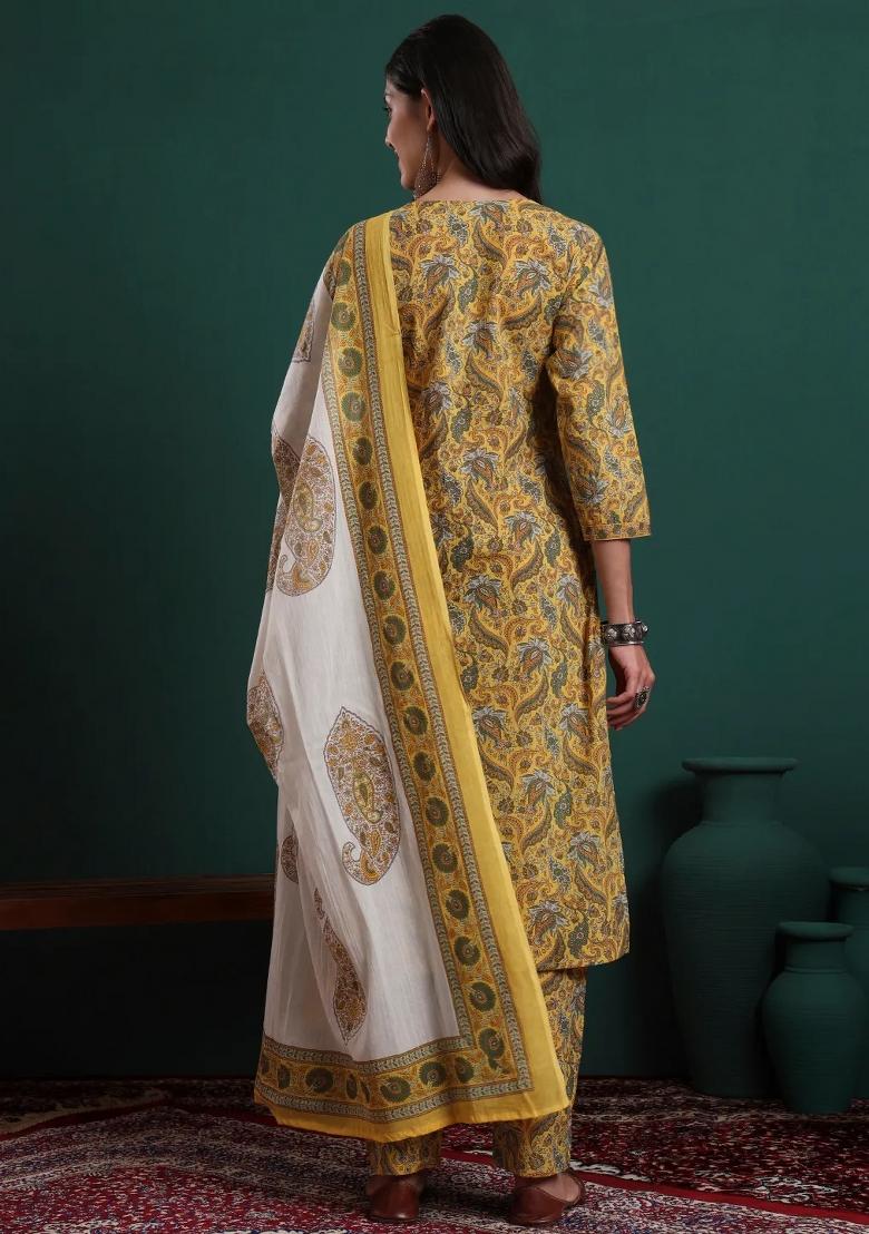 Mustard Motif Cotton Kurta Dupatta Set - Indya