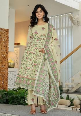 Yellow Motif Cotton Kurta Dupatta Set