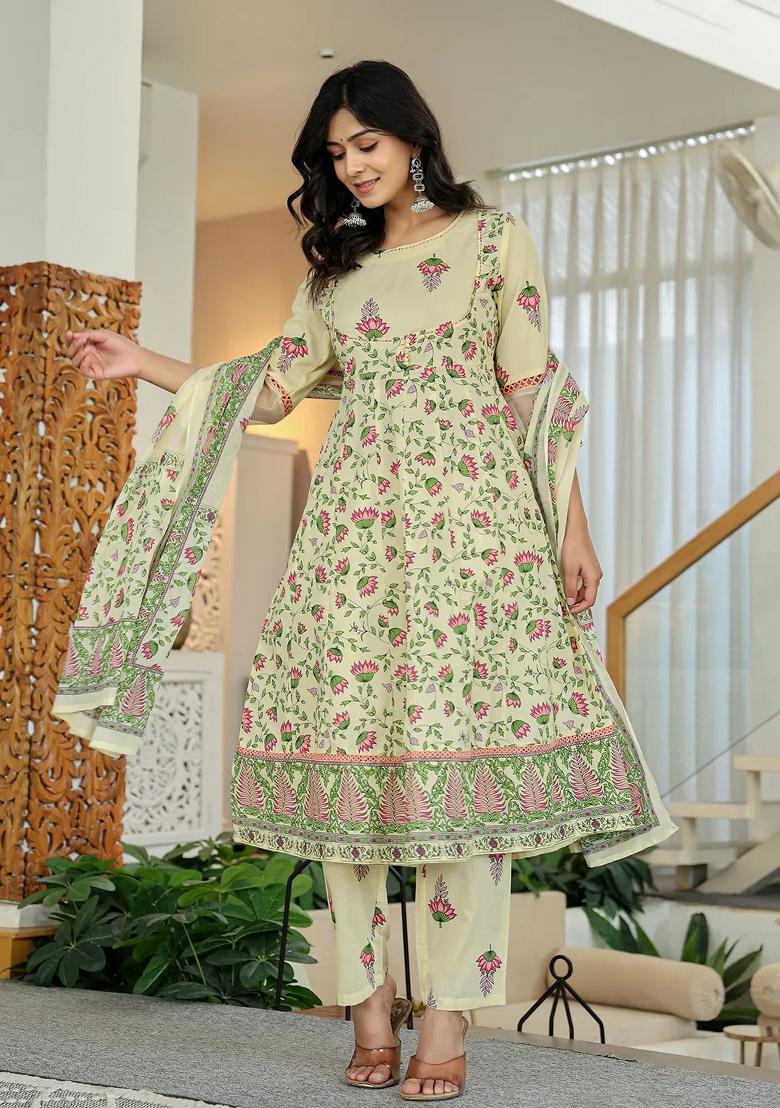 Yellow Motif Cotton Kurta Dupatta Set - Indya