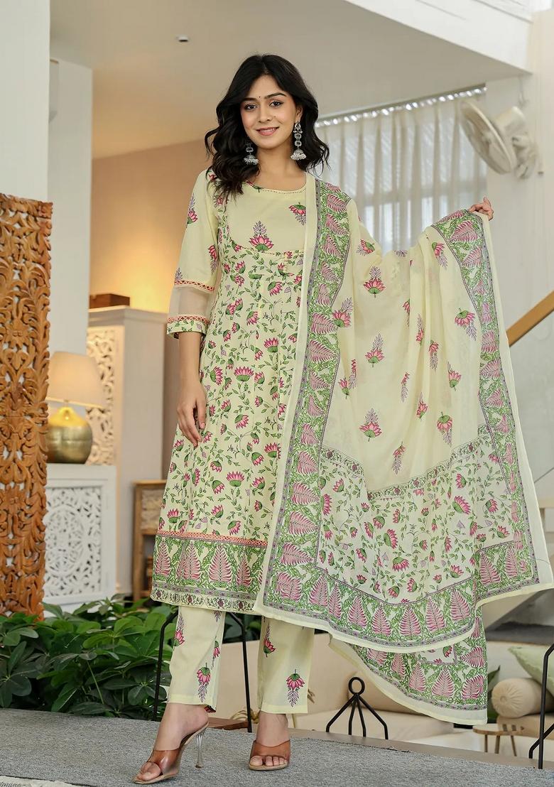 Yellow Motif Cotton Kurta Dupatta Set - Indya