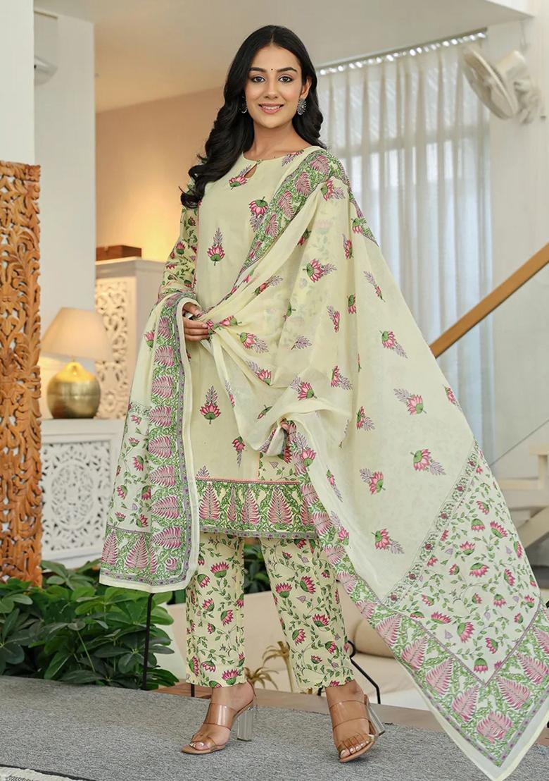Yellow Motif Cotton Kurta Dupatta Set - Indya