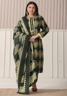 Green Printed Cotton Kurta Dupatta Set