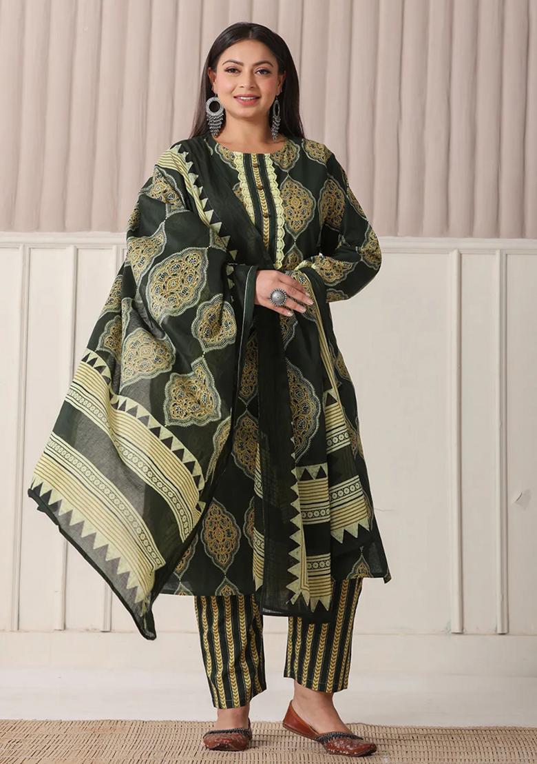 Green Printed Cotton Kurta Dupatta Set - Indya