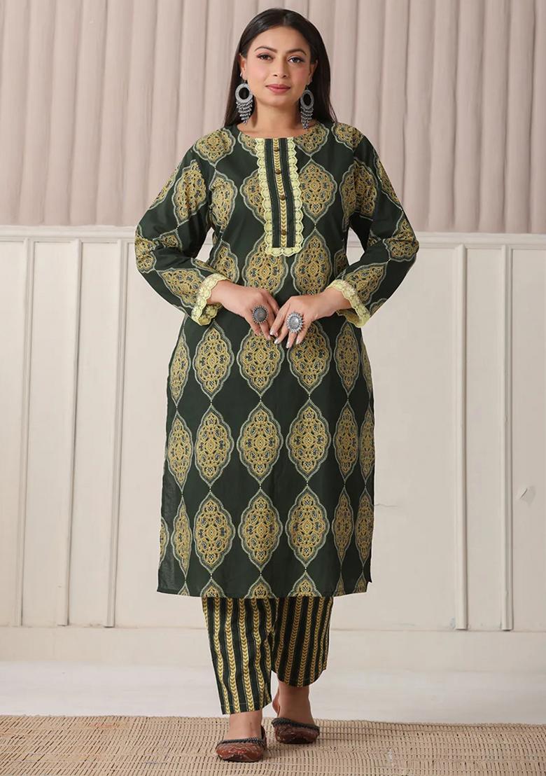 Green Printed Cotton Kurta Dupatta Set - Indya