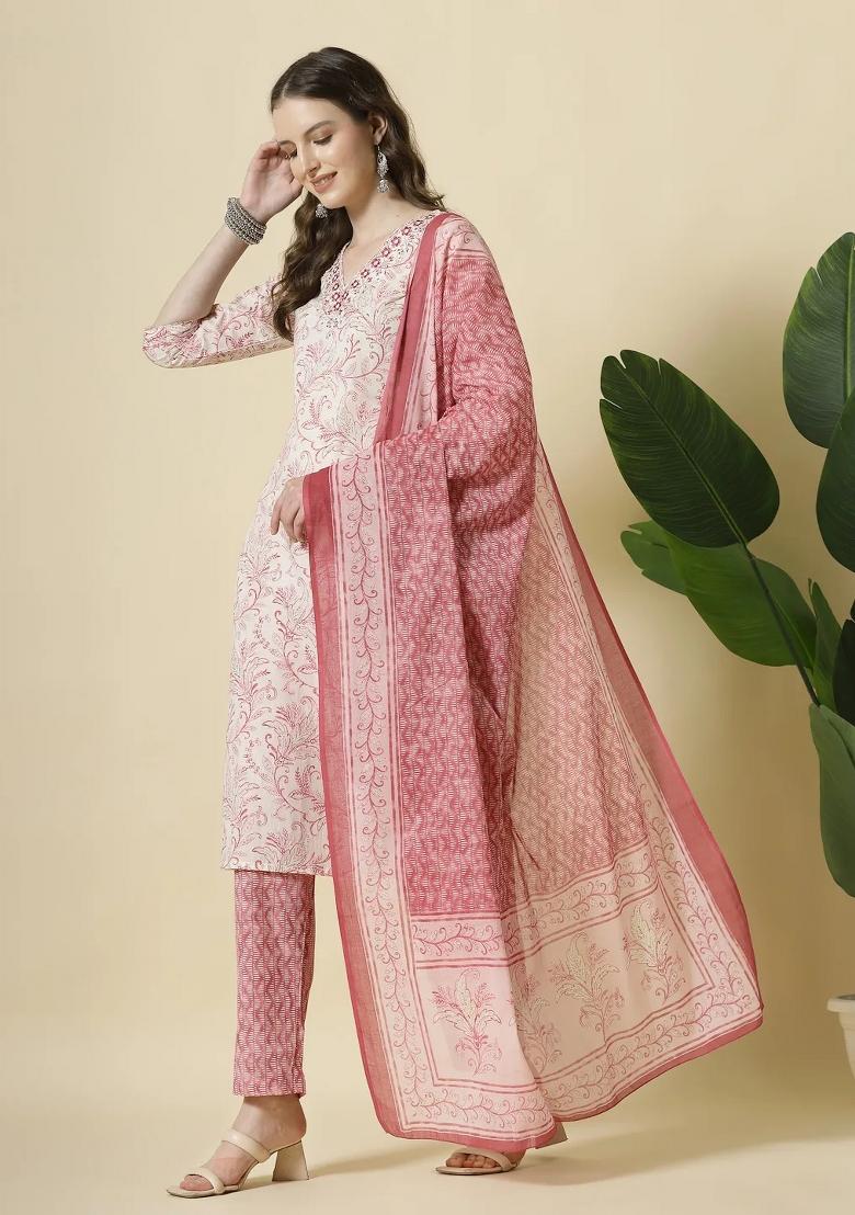 Pink Motif Cotton Kurta Dupatta Set - Indya