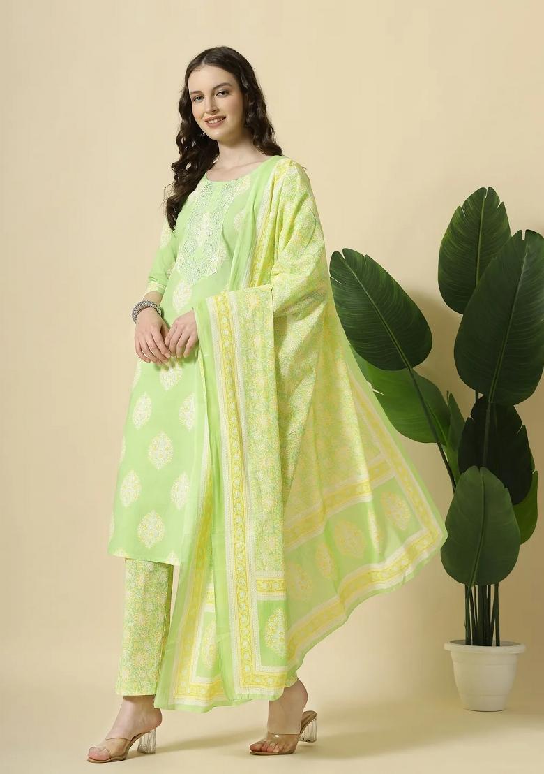 Green Printed Cotton Kurta Dupatta Set - Indya
