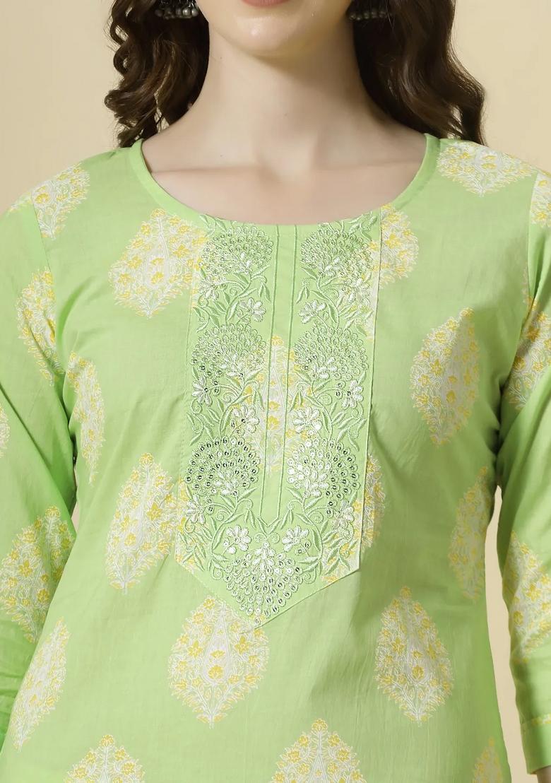 Green Printed Cotton Kurta Dupatta Set - Indya