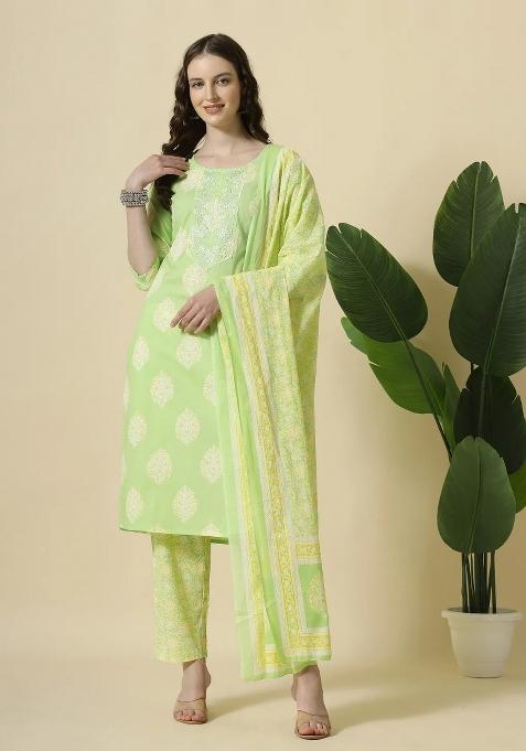 Green Printed Cotton Kurta Dupatta Set
