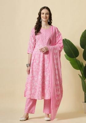Pink Motif Cotton Kurta Dupatta Set