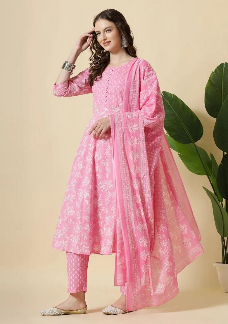 Pink Motif Cotton Kurta Dupatta Set - Indya