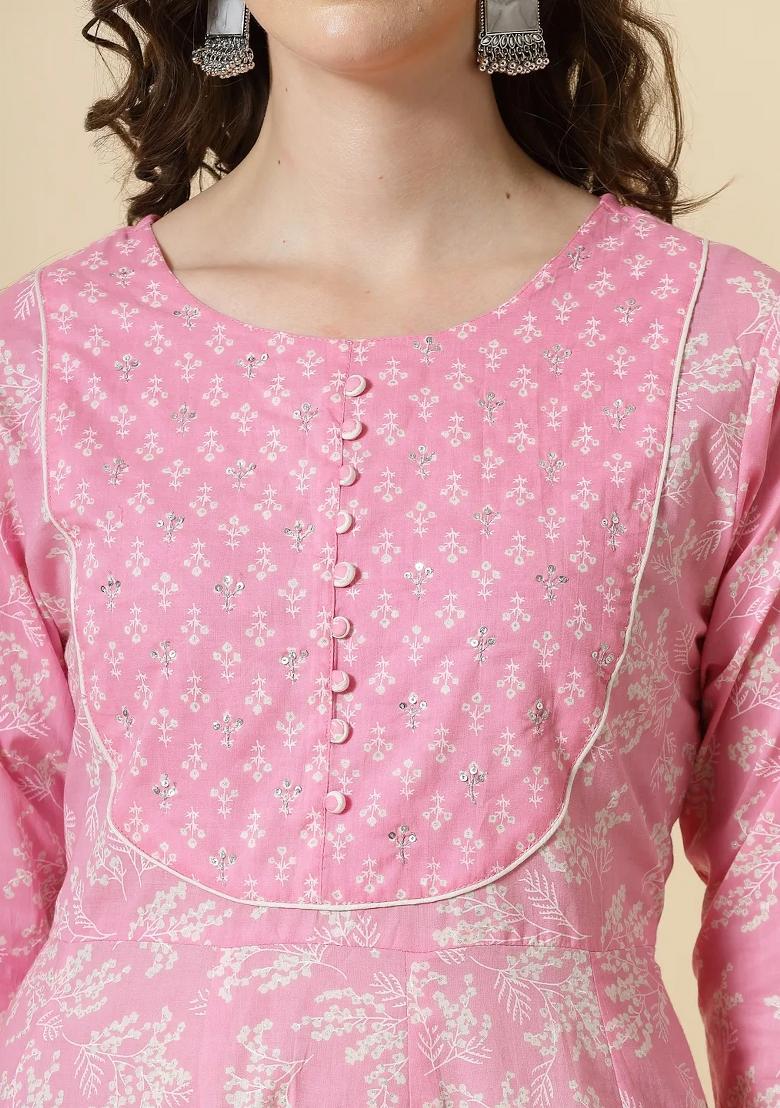 Pink Motif Cotton Kurta Dupatta Set - Indya