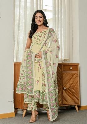 Yellow Motif Cotton Kurta Dupatta Set