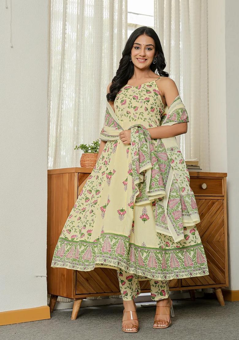 Yellow Motif Cotton Kurta Dupatta Set - Indya