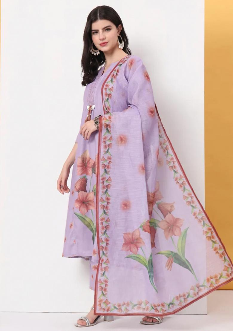 Lavender Motif Linen Kurta Dupatta Set - Indya