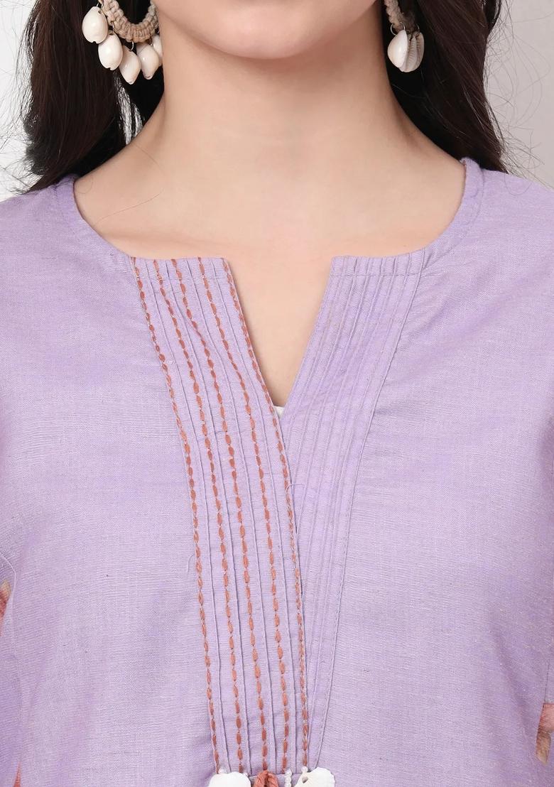Lavender Motif Linen Kurta Dupatta Set - Indya
