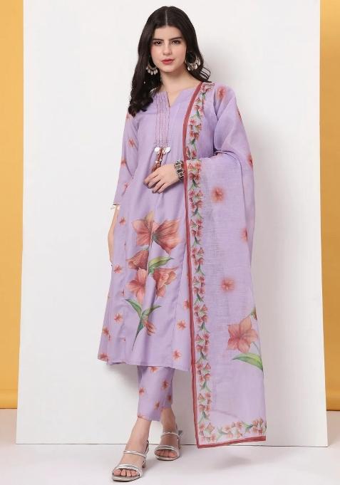 Lavender Motif Linen Kurta Dupatta Set