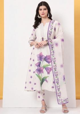 White Motif Linen Kurta Dupatta Set
