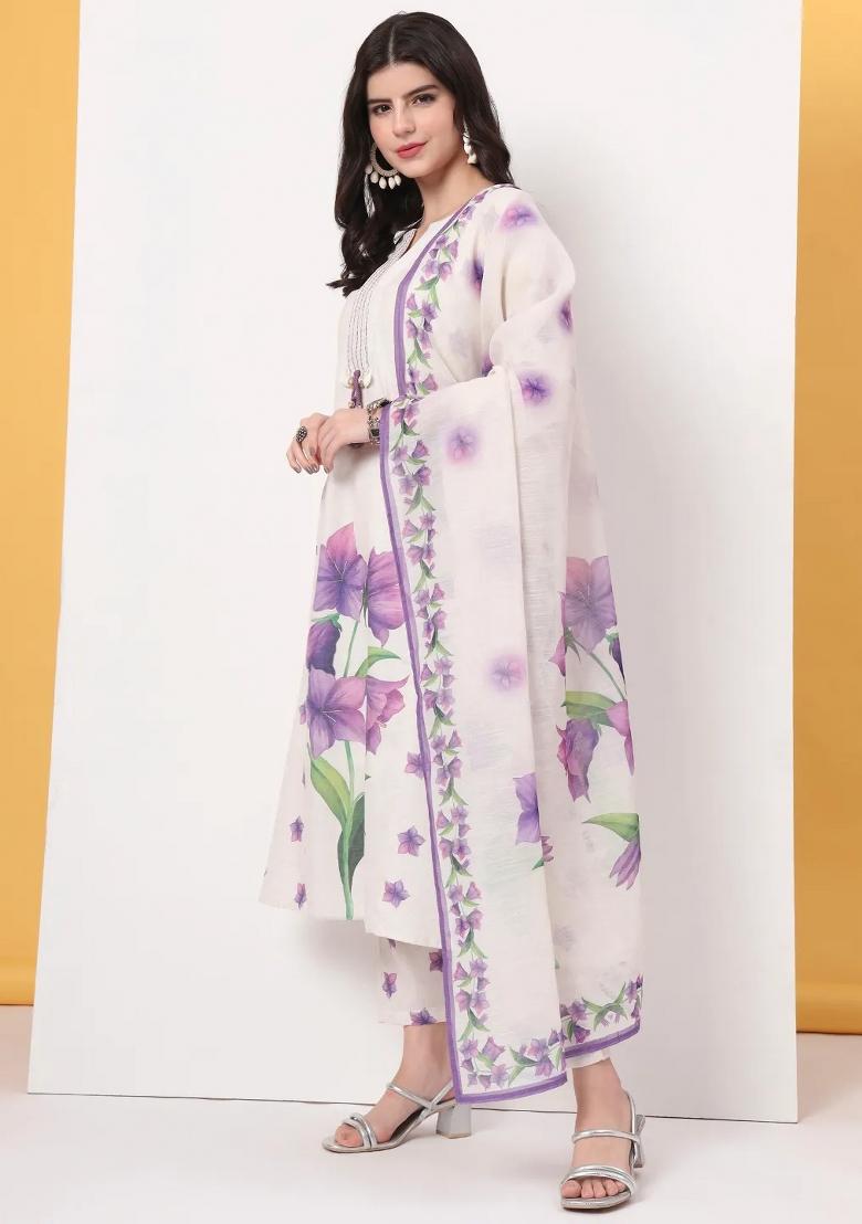 White Motif Linen Kurta Dupatta Set - Indya