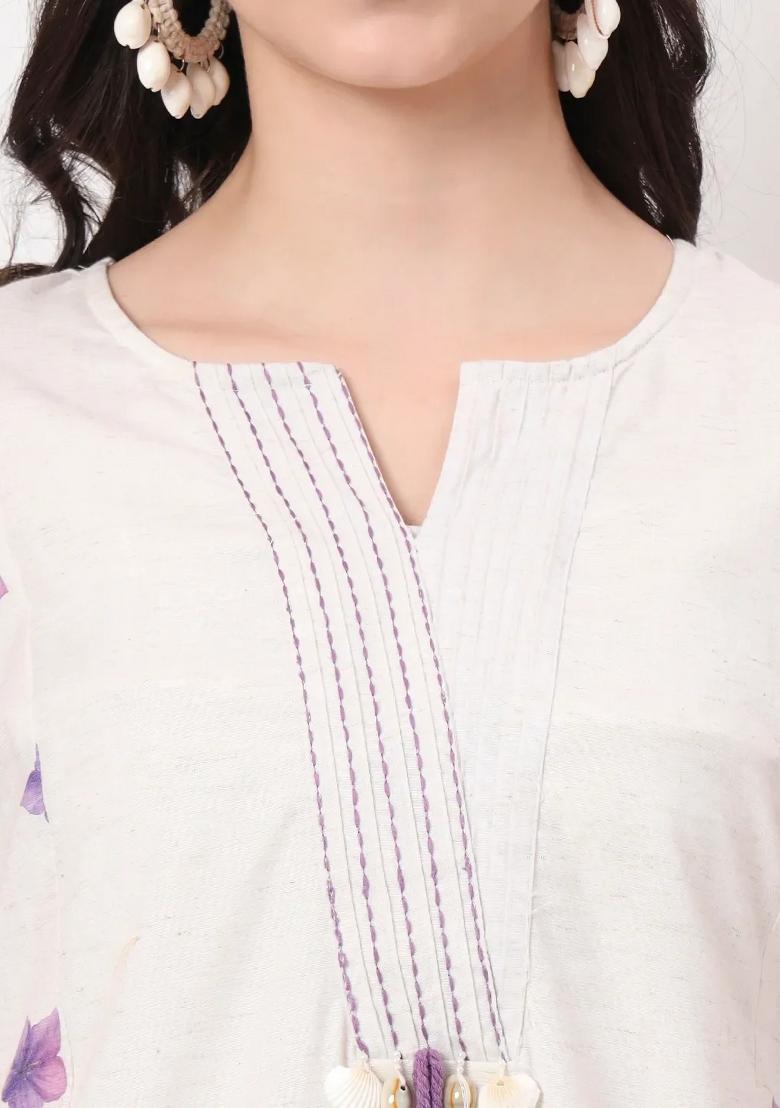 White Motif Linen Kurta Dupatta Set - Indya