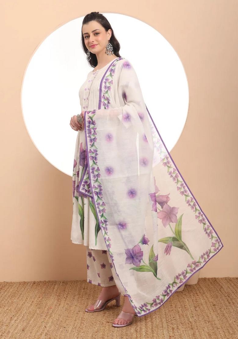 White Motif Linen Kurta Dupatta Set - Indya