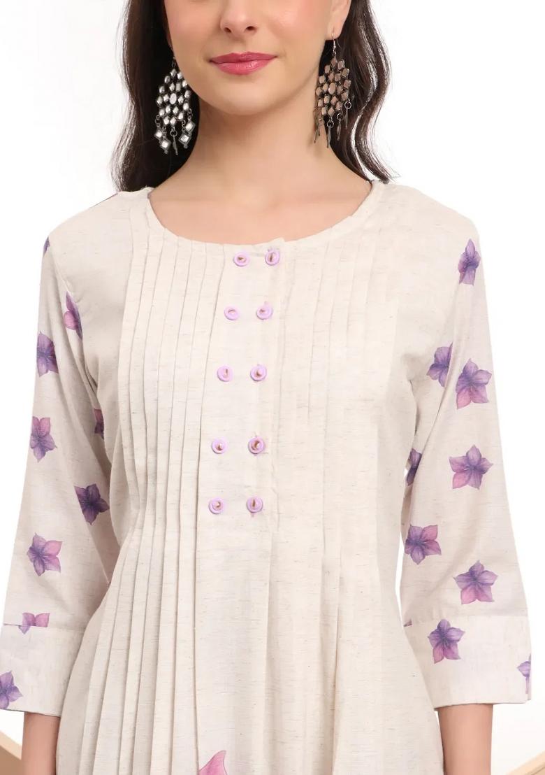 White Motif Linen Kurta Dupatta Set - Indya