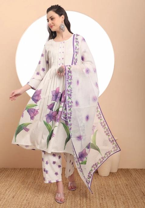 White Motif Linen Kurta Dupatta Set