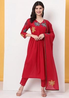 Red Motif Cotton Kurta Dupatta Set