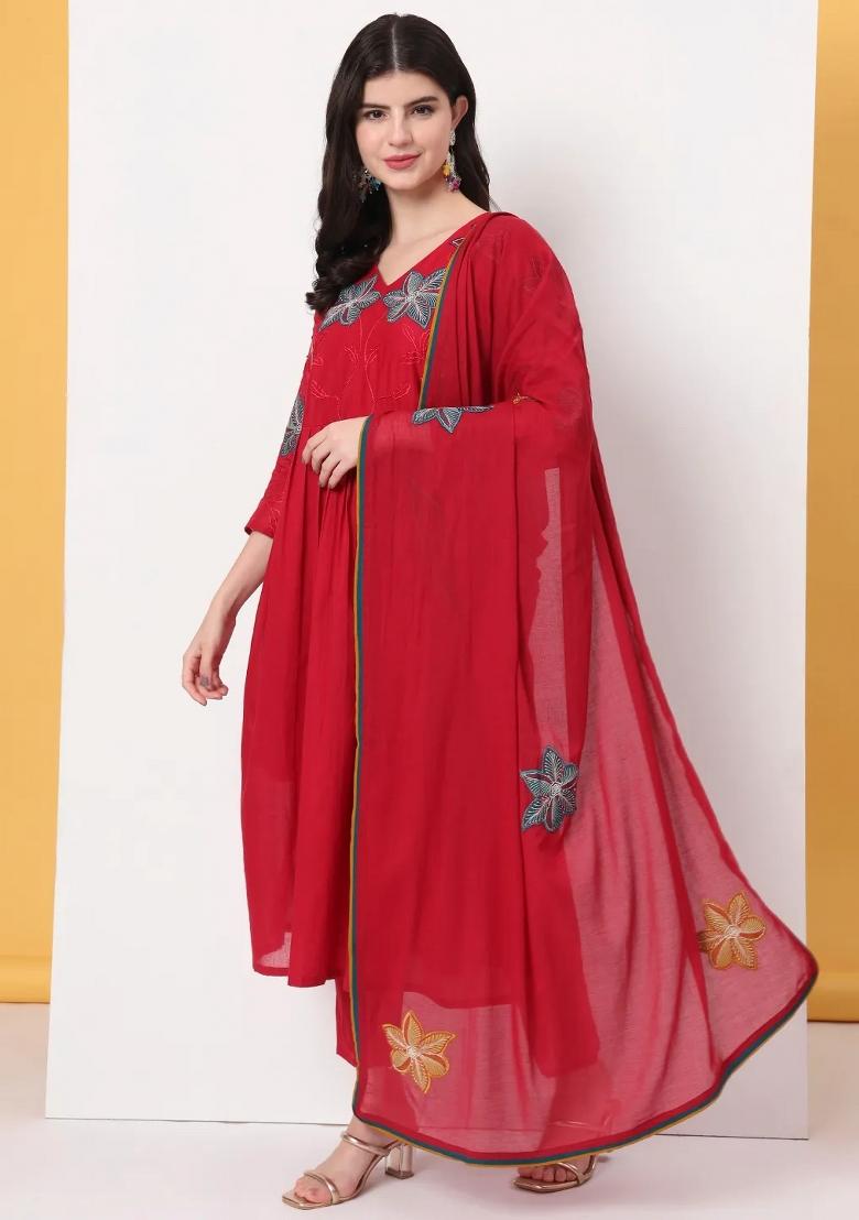 Red Motif Cotton Kurta Dupatta Set - Indya