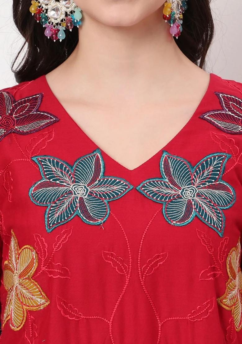 Red Motif Cotton Kurta Dupatta Set - Indya