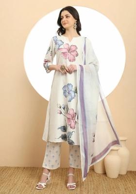 White Floral Print Linen Kurta Dupatta Set