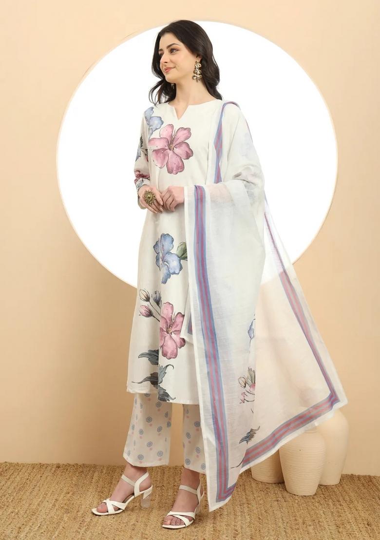 White Floral Print Linen Kurta Dupatta Set - Indya