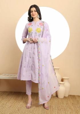 Lavender Embroidered Cotton Kurta Dupatta Set