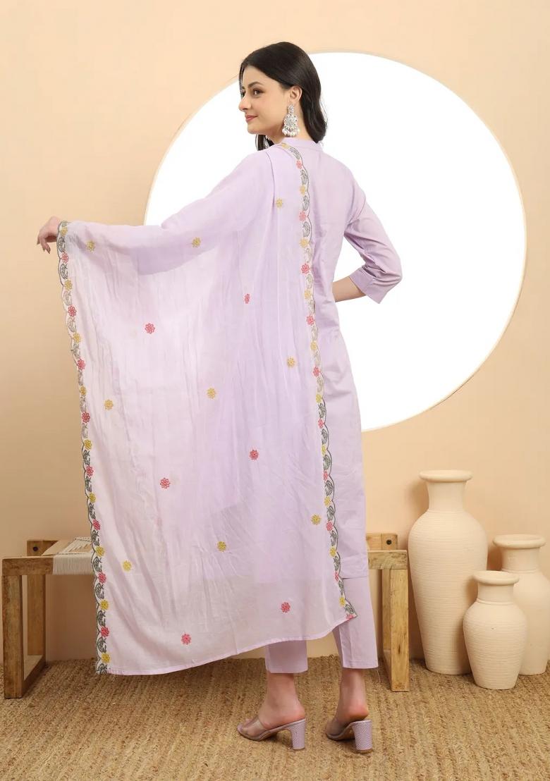 Lavender Embroidered Cotton Kurta Dupatta Set - Indya