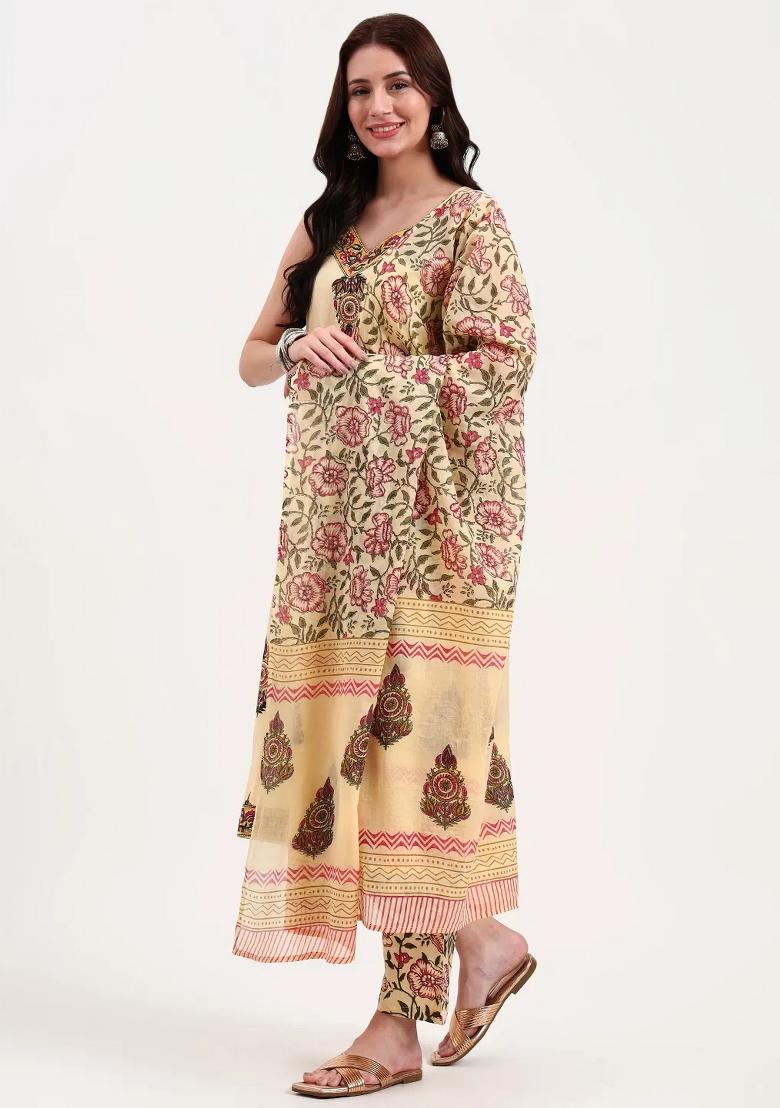 Beige Sequins Work Cotton Kurta Dupatta Set - Indya