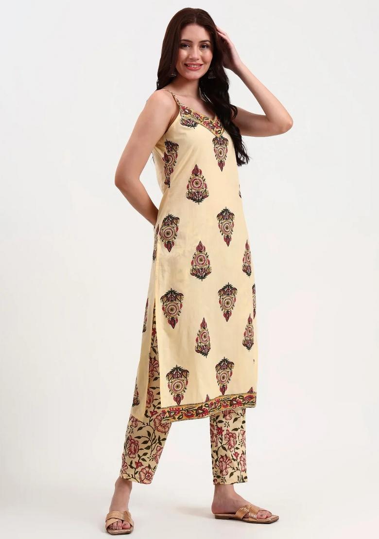 Beige Sequins Work Cotton Kurta Dupatta Set - Indya