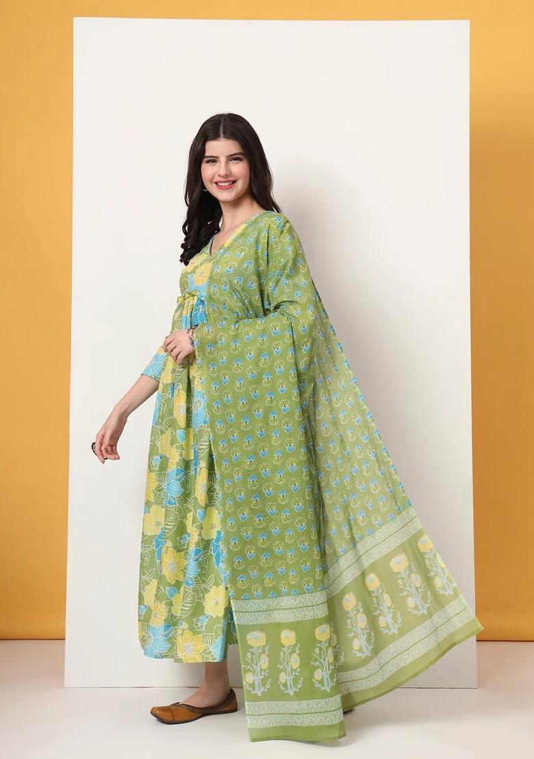 Green Motif Cotton Kurta Dupatta Set - Indya