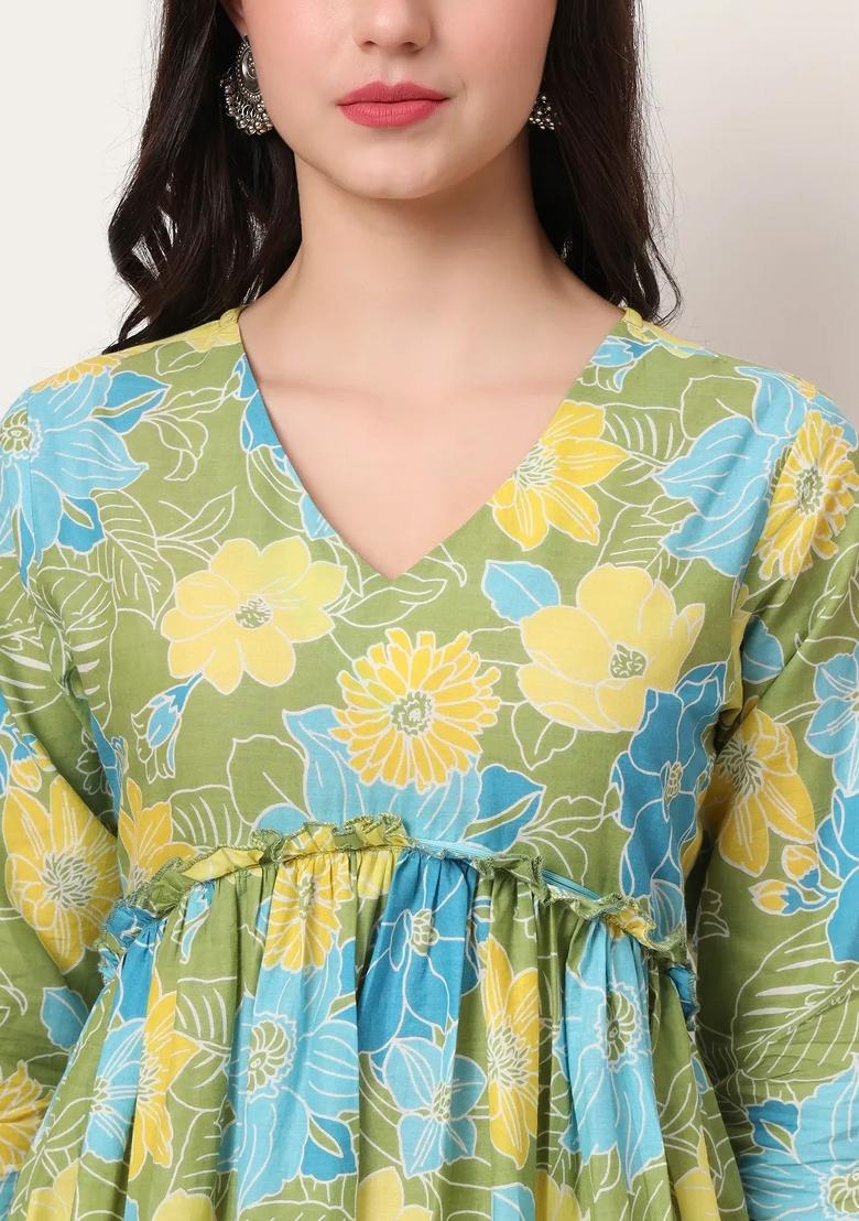 Green Motif Cotton Kurta Dupatta Set - Indya