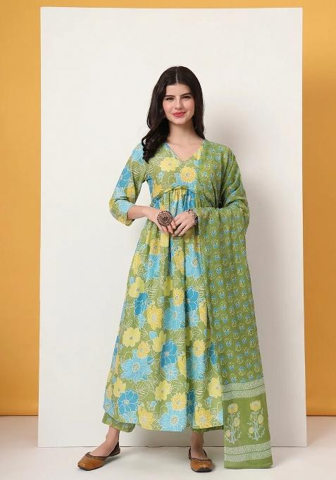 Green Motif Cotton Kurta Dupatta Set