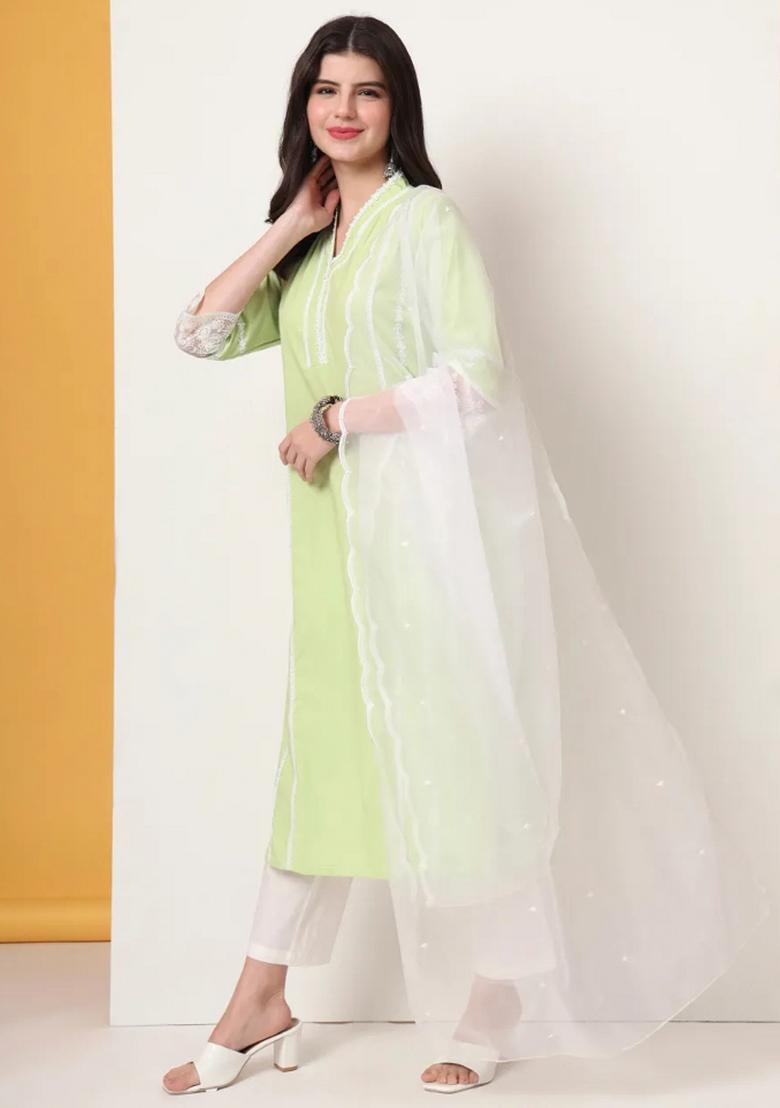 Green Motif Cotton Kurta Dupatta Set - Indya