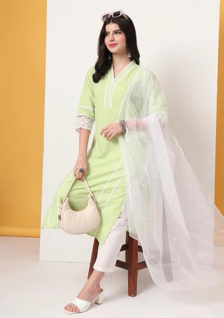 Green Motif Cotton Kurta Dupatta Set - Indya
