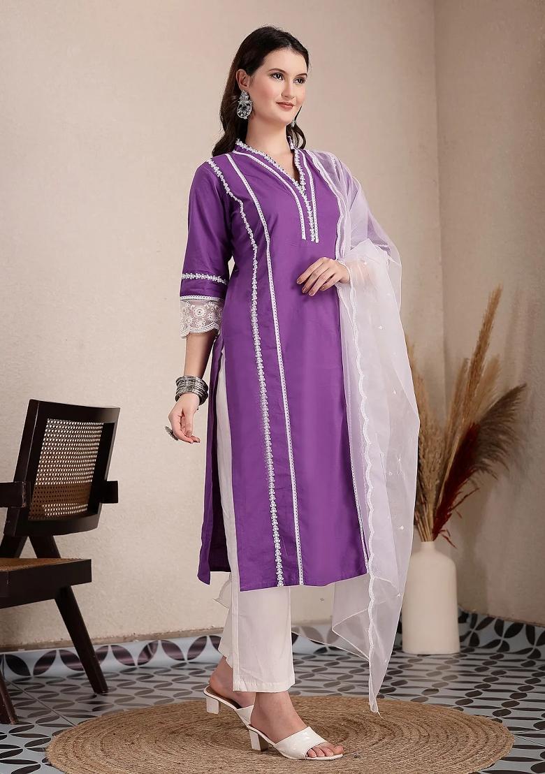 Purple Motif Cotton Kurta Dupatta Set - Indya