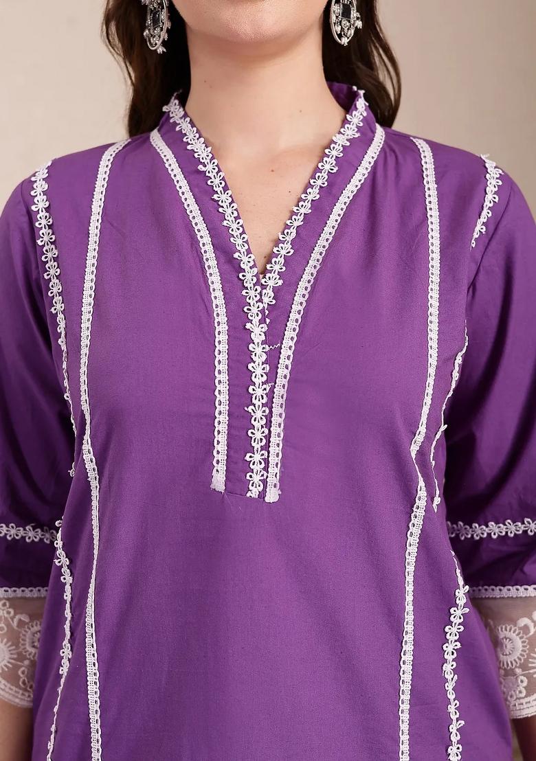 Purple Motif Cotton Kurta Dupatta Set - Indya