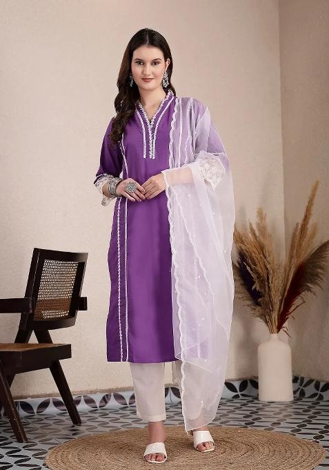 Purple Motif Cotton Kurta Dupatta Set