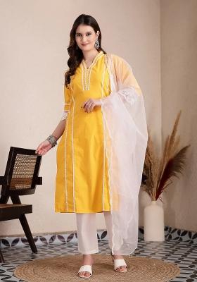 Yellow Motif Cotton Kurta Dupatta Set
